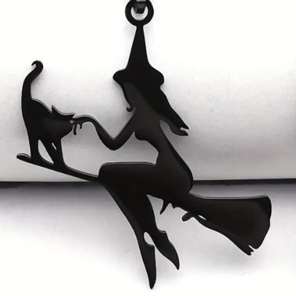 Pure Magic a Witch Riding a Broom with her Cat Necklace - Stainless Steel Black - Picture 2 of 3